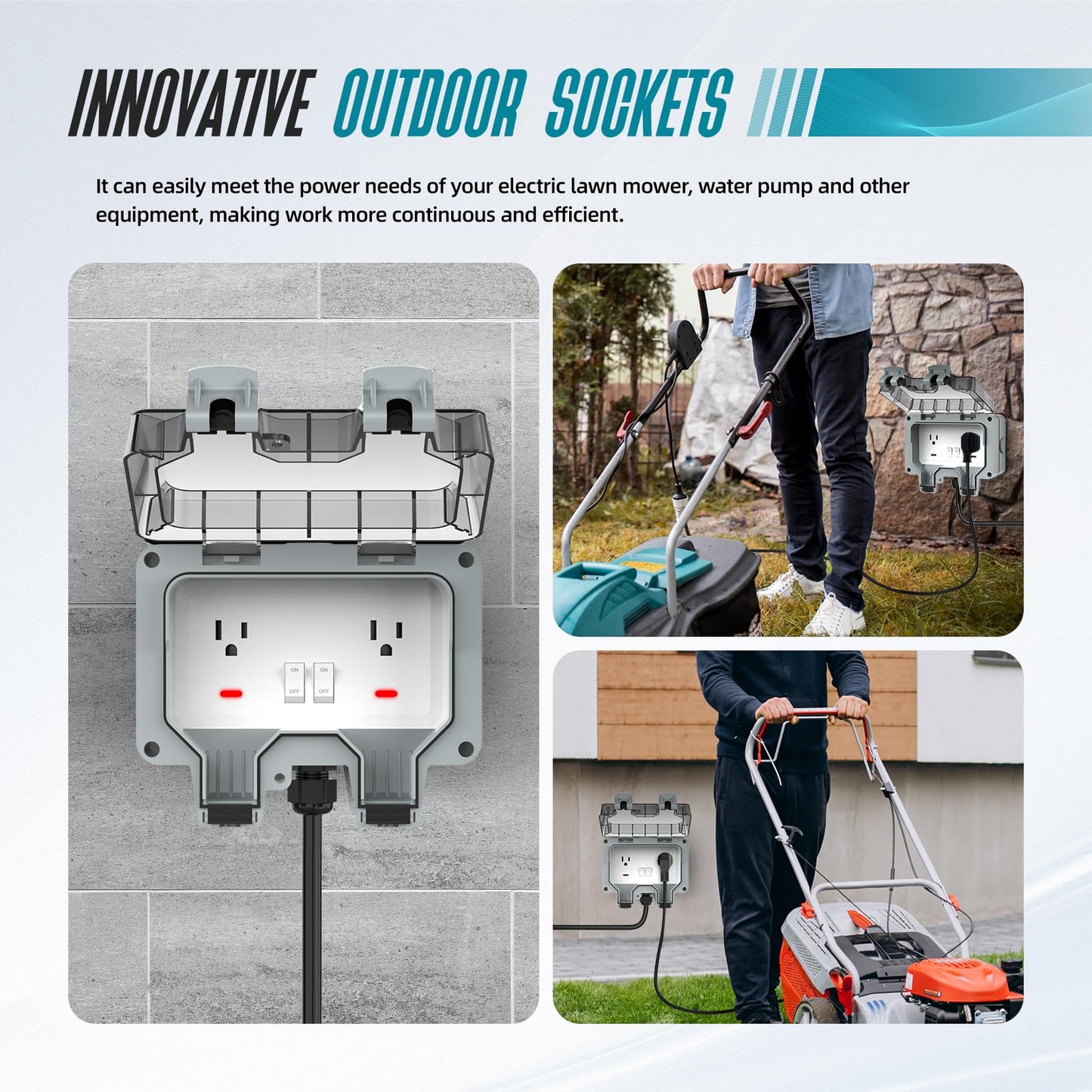 Outdoor Outlet Box with 32.8Ft Extension Cord,NEMA 5-15R,IP66 Waterproof Outdoor Outlet Box w/Lockable Cover & LED Indicator (Double Plug Socket) -Perfect for Gardens, Yards & Sports Fields