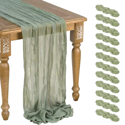 12 Pack Sage Green Cheesecloth Table Runner 10ft Boho Gauze Cheese Cloth Table Runner Rustic Sheer Runner 120 inch Long for Christmas Wedding Bridal Baby Shower Birthday Table Decorations