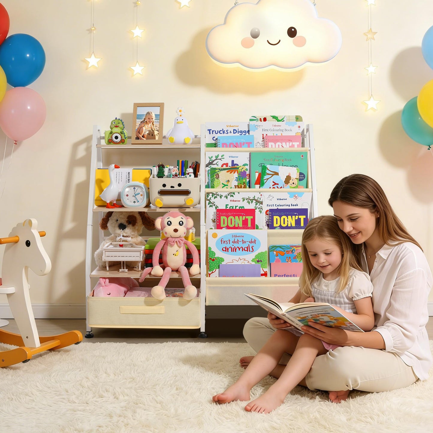 Vsonker Kids Bookshelf and Toy Storage-Book Shelf for Kids Rooms，Toddler Bookshelf Baby Bookcase with 4 Sling Shelves & Fabric Toy Chest Toy Organizer for Playrooms, Bedrooms, Nursery