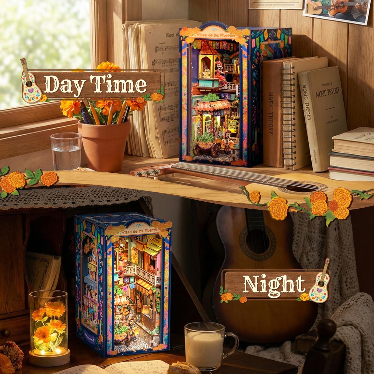 CUTEBEE Book Nook Kit - DIY Miniature House for Adults, 3D Wooden Puzzle Bookshelf Insert Decor, Day of the Dead Booknook, Mexican Folklore LED Miniature Kit, Unique Gifts (Plaza de los Muertos)
