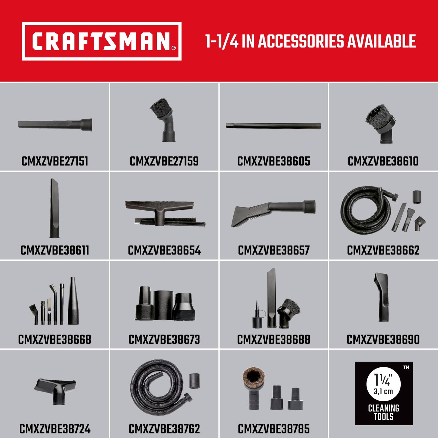 CRAFTSMAN CMXZVBE38662 1-1/4 in. Car Cleaning Wet Dry Vac Attachment Kit for Auto Detailing, Fits Most Vacs with a 2-1/2 in. Drum Inlet, Not Compatible with CMXEVBE17250 and CMXEVBE17678 Vacs