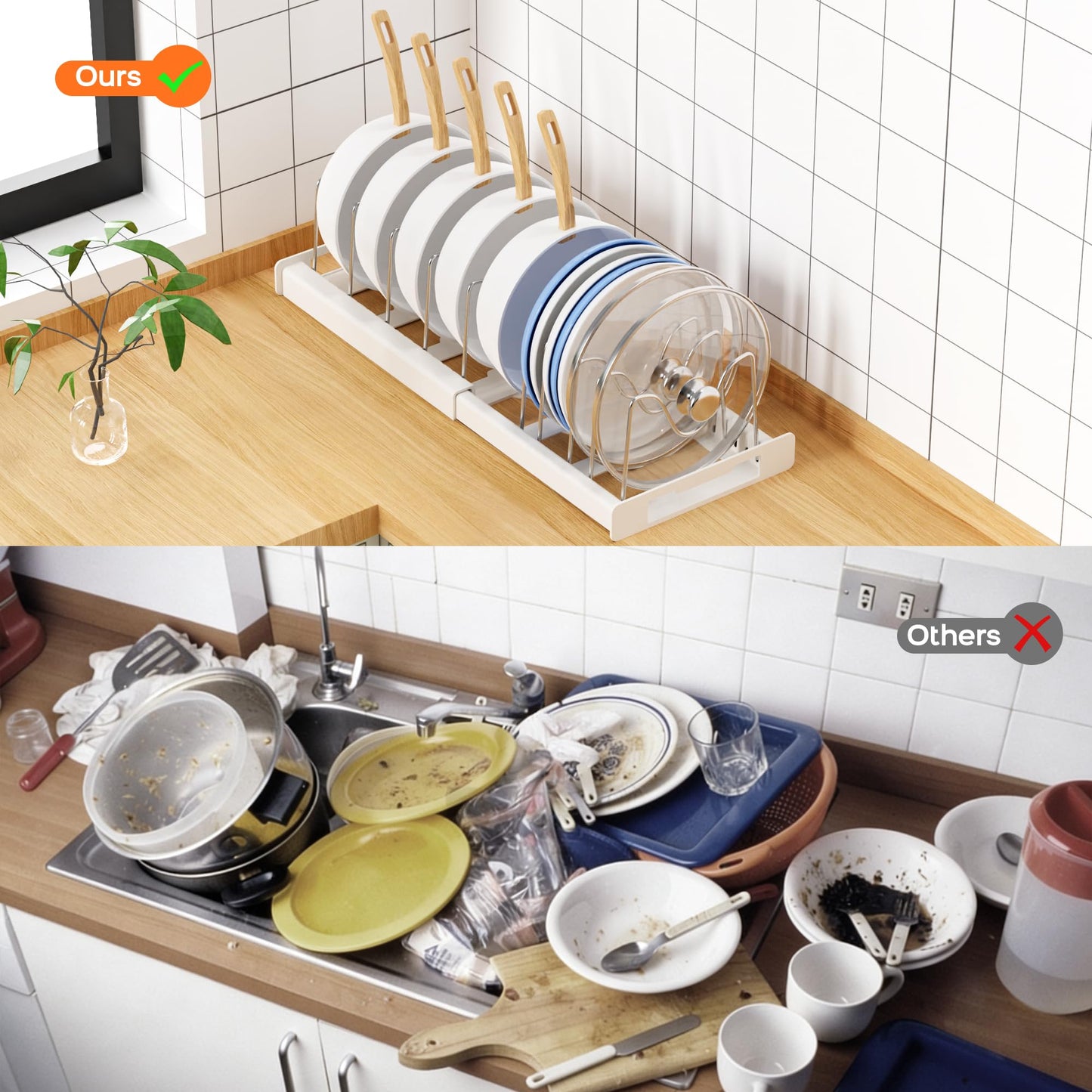 Nigelia 2 Pack Pots and Pans Organizer for Under Cabinet, 22" Expandable Food Storage Container Lid Organizers with 10 Adjustable Dividers Pot Lid Holders Rack Inside Cabinet&Kitchen Countertop(White)
