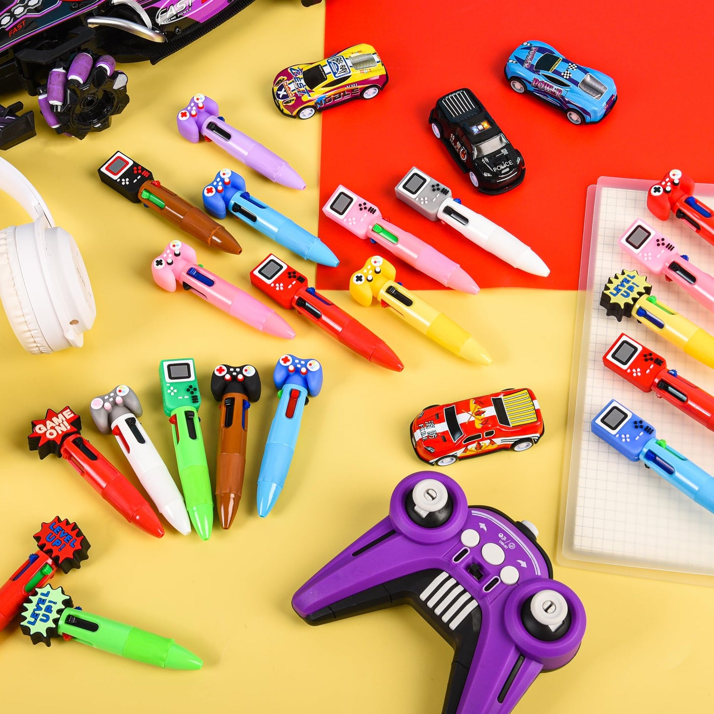 LiYiQ 100 Pcs Video Game Colorful Multicolor Pen in One Cartoon Cute Fun 4-in-1 Cute Pens Bulk Kawaii Game Handle Level Up Games Console Shape Cool Ballpoint Pens for Kids Fun Gifts