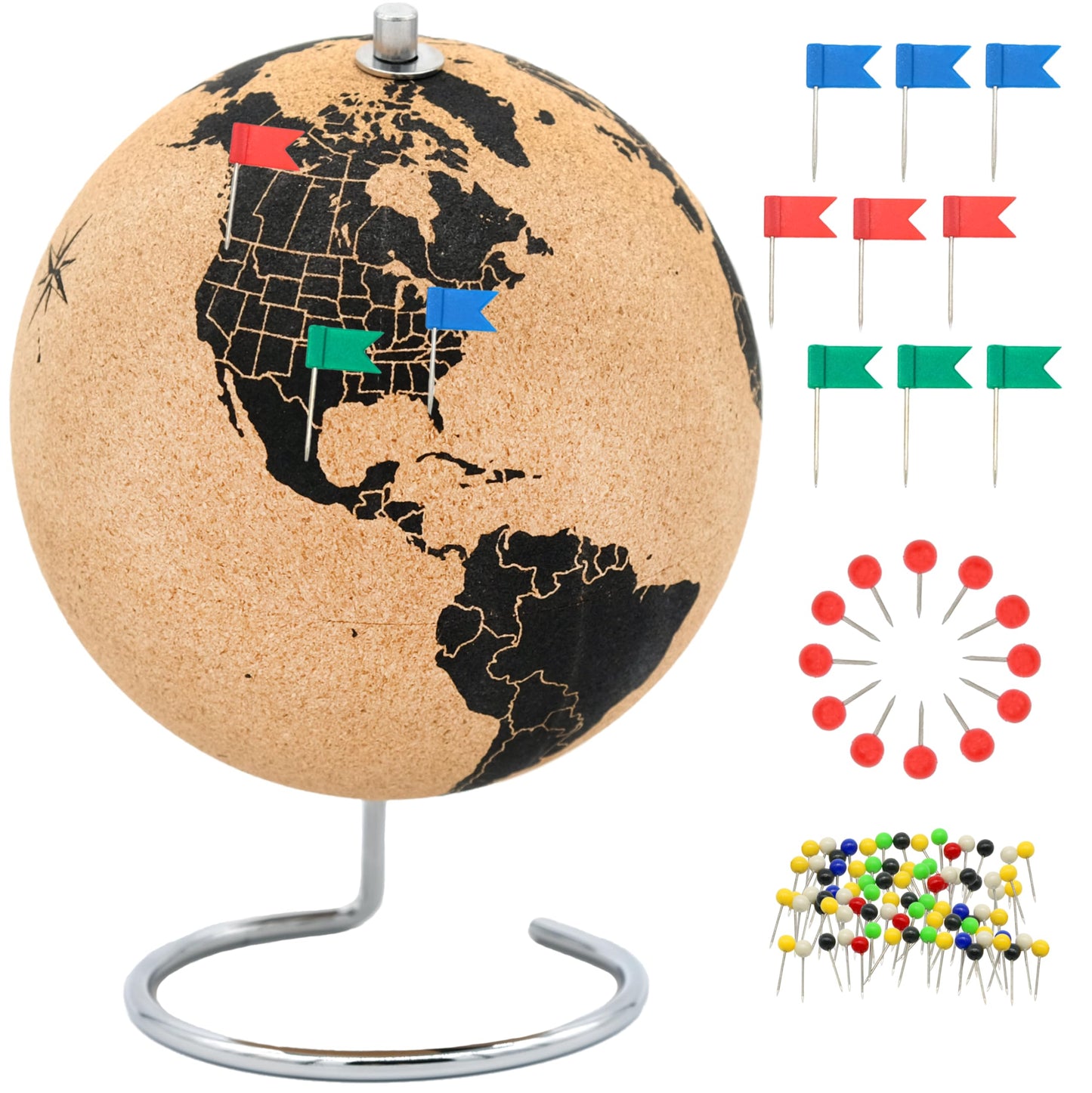Vaudagio Beautiful Cork Globe with 102 Different Push Pins - Spinning Travel Globe 26cm / 10 inch High Made of Cork with Pin – as Travel Map & Gift Idea for Globetrotters