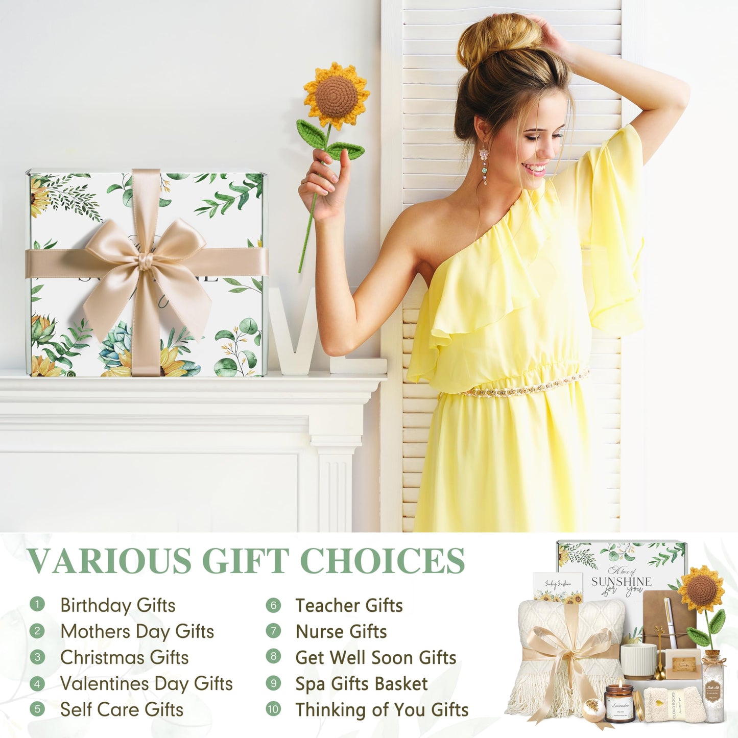 Gifts for Women, Mothers Day Birthday Gifts for Women, Get Well Soon Self Care Package After Surgery, Sending Sunshine Sunflower Basket, Thinking of You Inspirational Gift for Mom Her Sister Wife