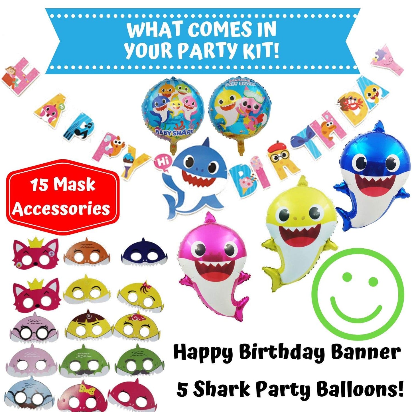 Shark Party Supplies Set,124 Piece Shark Themed Birthday Decorations,Includes Disposable/Reusable Tableware Kit, 3'x5' Photo Backdrop, Shark Party Masks and Balloons,Serves 20 Guests