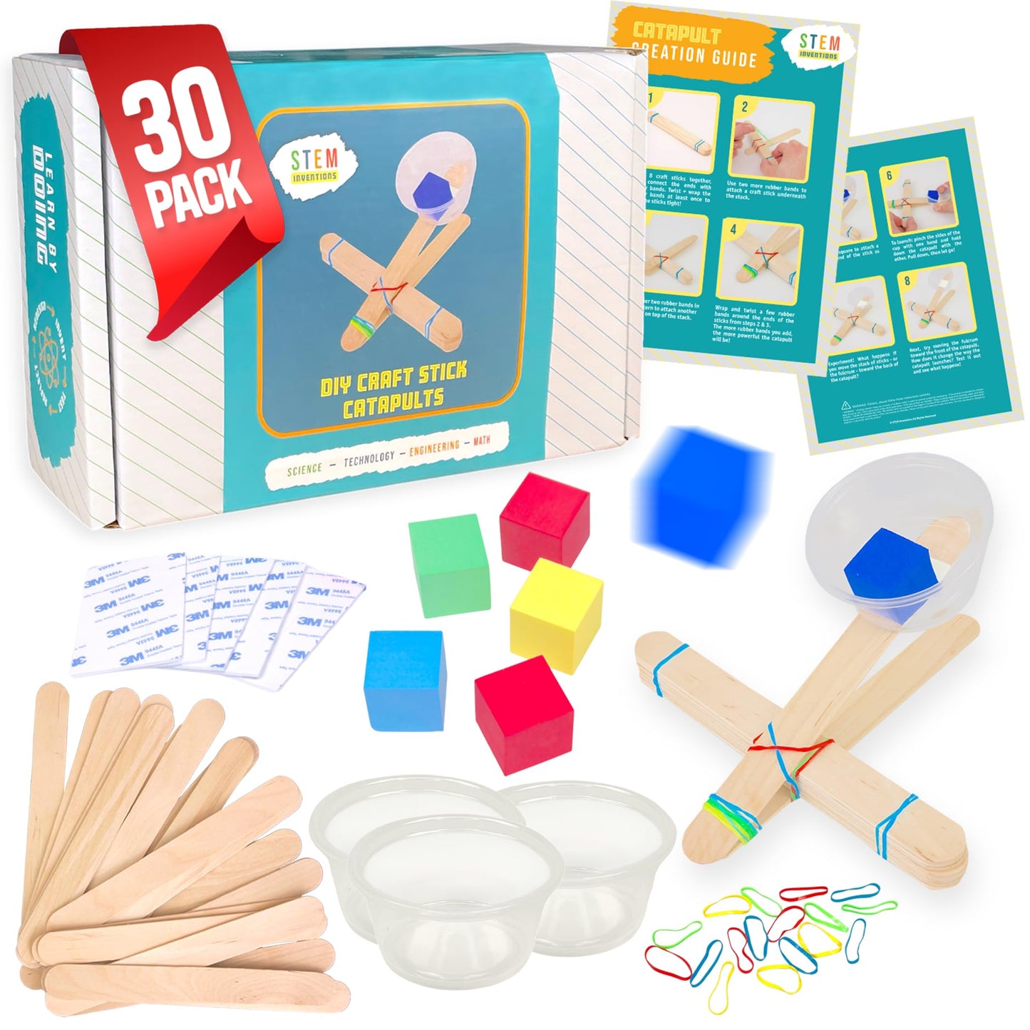 STEM Inventions Catapults Kit – Supplies to Build 30 Mini Toy Catapults - Complete Bulk STEM Project Kit for Kids and Classrooms