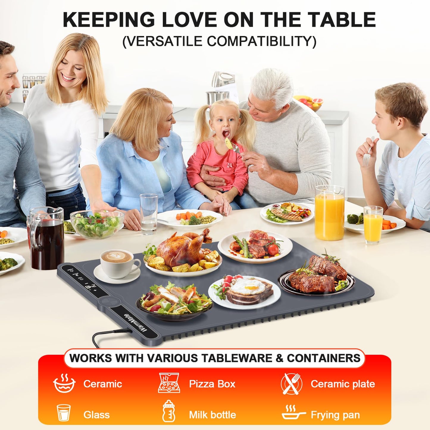 WarmMate Food Warming Mat，Electric Warming Tray with 9-Level Temperature Precision Control, 6H Timer,8s Full Surface Rapid Heating, Ideal for Buffets, Parties & Gatherings (Roll-Up Design，Dark Grey)