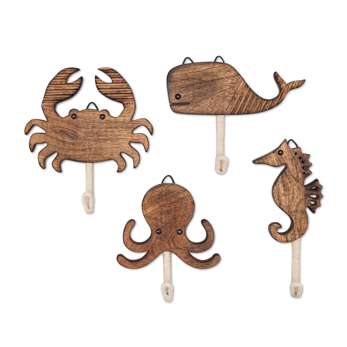 Crane Baby Sea Life Wooden Wall Hooks - Set of 4 Wooden Ocean Nursery Decor Towel Hooks, Brown