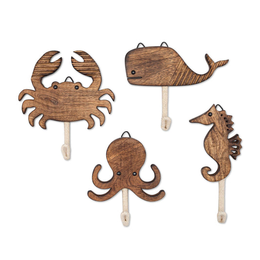 Crane Baby Sea Life Wooden Wall Hooks - Set of 4 Wooden Ocean Nursery Decor Towel Hooks, Brown