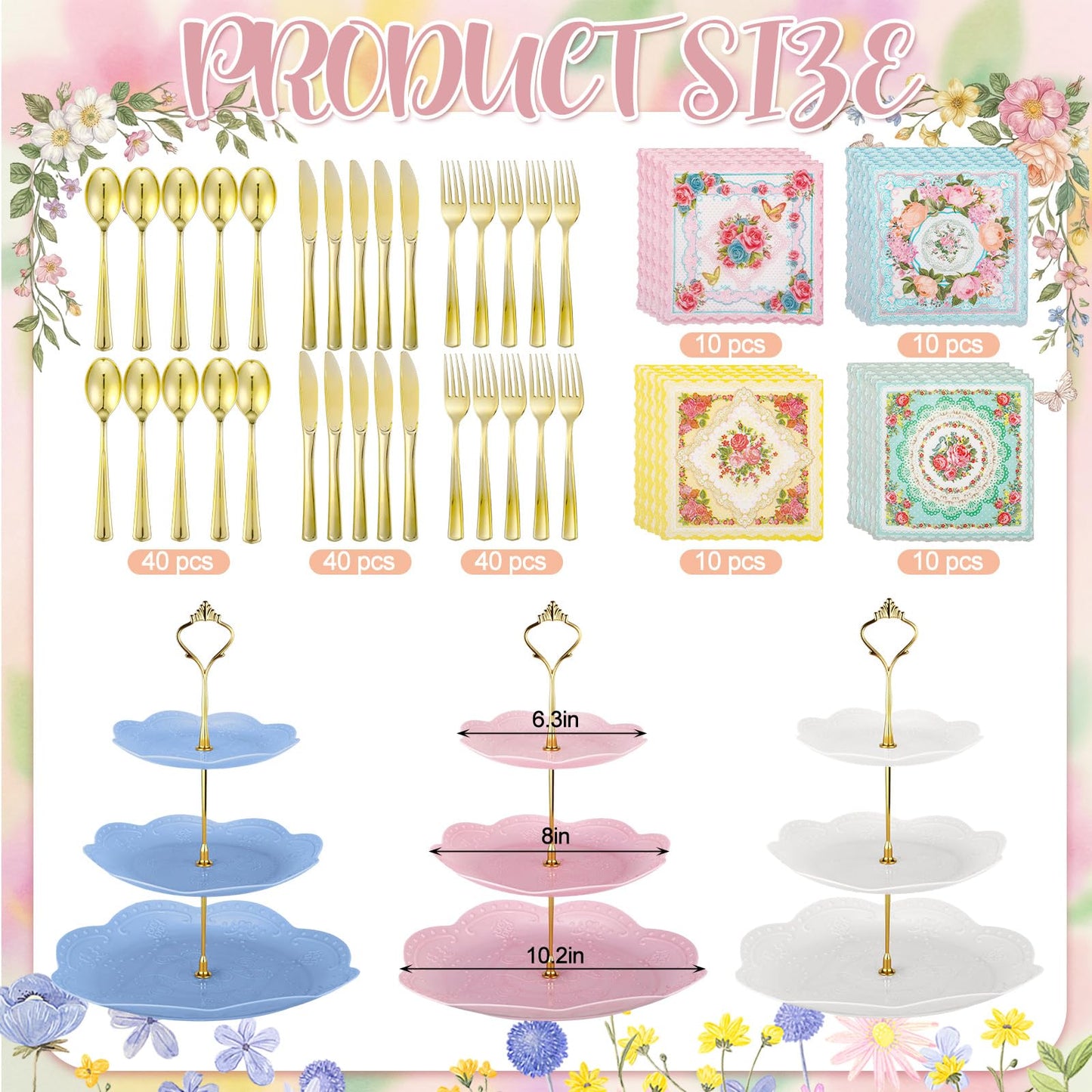 Nuogo 244pcs/40set Disposable Tea Party Supplies Vintage Floral Paper Tea Plates Cups Napkin 3 Tier Cake Stand Bunting Banner and Disposable Tableware for Birthday Baby Shower Bridal Wedding, Serve 40