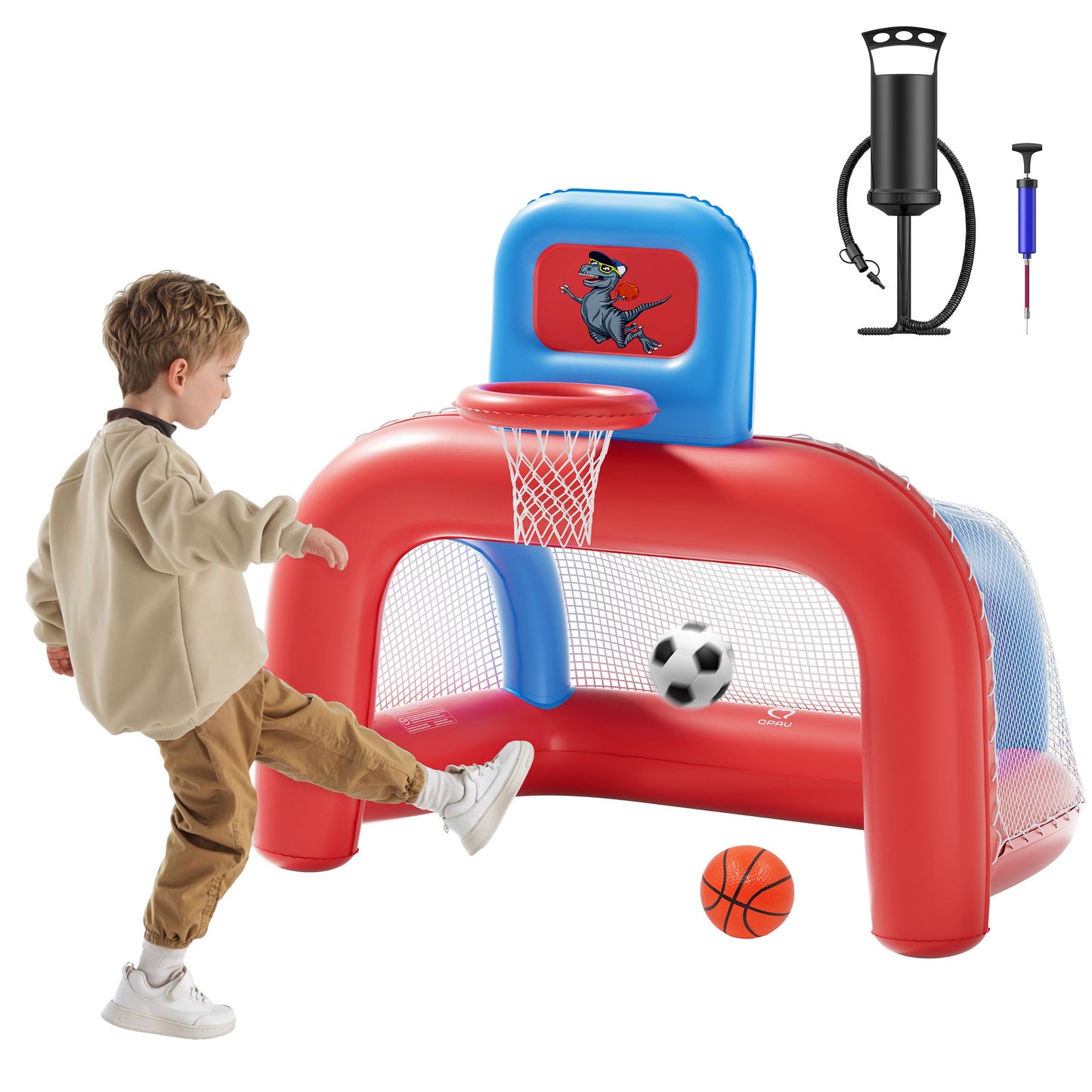 QPAU 2-in-1 Inflatable Basketball Hoop Set, Indoor Basketball Goal & Soccer for Kids, Basketball Hoop for Ages 1-5, Toys for Toddlers, Boys and Girls Gift