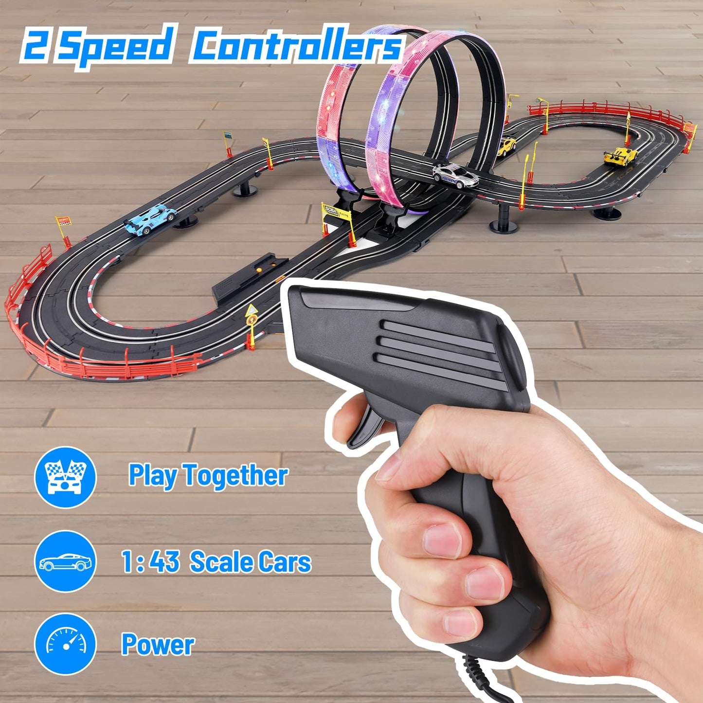 Slot Car Race Track Set, 19ft Electric Track with LED Lights and 4 Slot Cars, 2 Hand Controllers and Racing Game Lap Counters, Set Features Loop, Turns, and Crossover for Boys Age 6-12