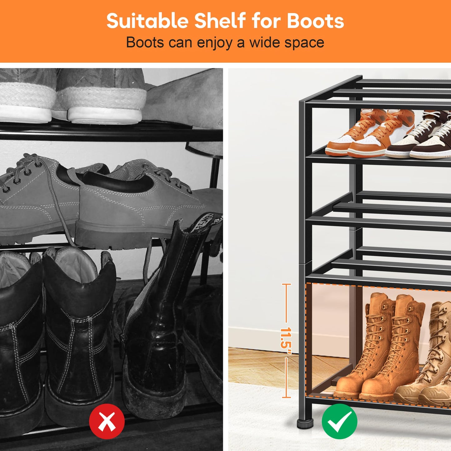 KEETDY 5-Tier Heavy Duty Shoe Rack for Garage Entryway, Stackable Shoe Organizer for 25 Pairs Men Boots, Shoe Rack for Closet Metal Shoe Storage Shelf, Floor, Hallway (Black)
