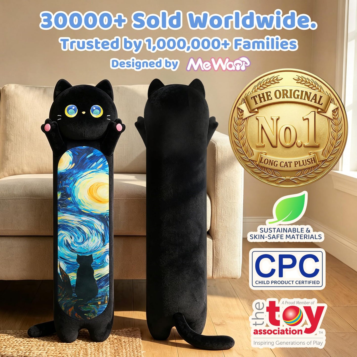 Mewaii Long Cat Plush Body Pillow, Cute Cat Plush Animals Kawaii Soft Plushies, Kitten Plush Pillow Gift for Girls Boys (Blue Starry Cat 53 Inch)