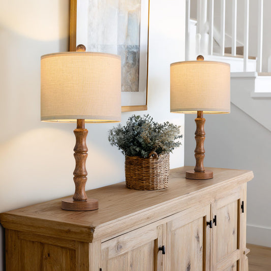 BOBOMOMO 20.5" Rustic Table Lamps Set of 2, Farmhouse Nightstand Lamp with Wood Grain Resin Base & Linen Shade, Small Bedside Lamp for Bedroom, Living Room & Apartment Décor- Ideal for Small Spaces