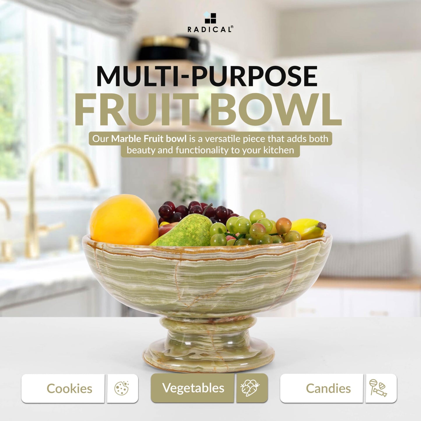 Radicaln Marble Fruit Bowl For Kitchen Counter Green Onyx 10" Inch Handmade Fruit Dish, Ideal Candy Bowl For Home Decor, Entryway Table Modern Decorative Bowls