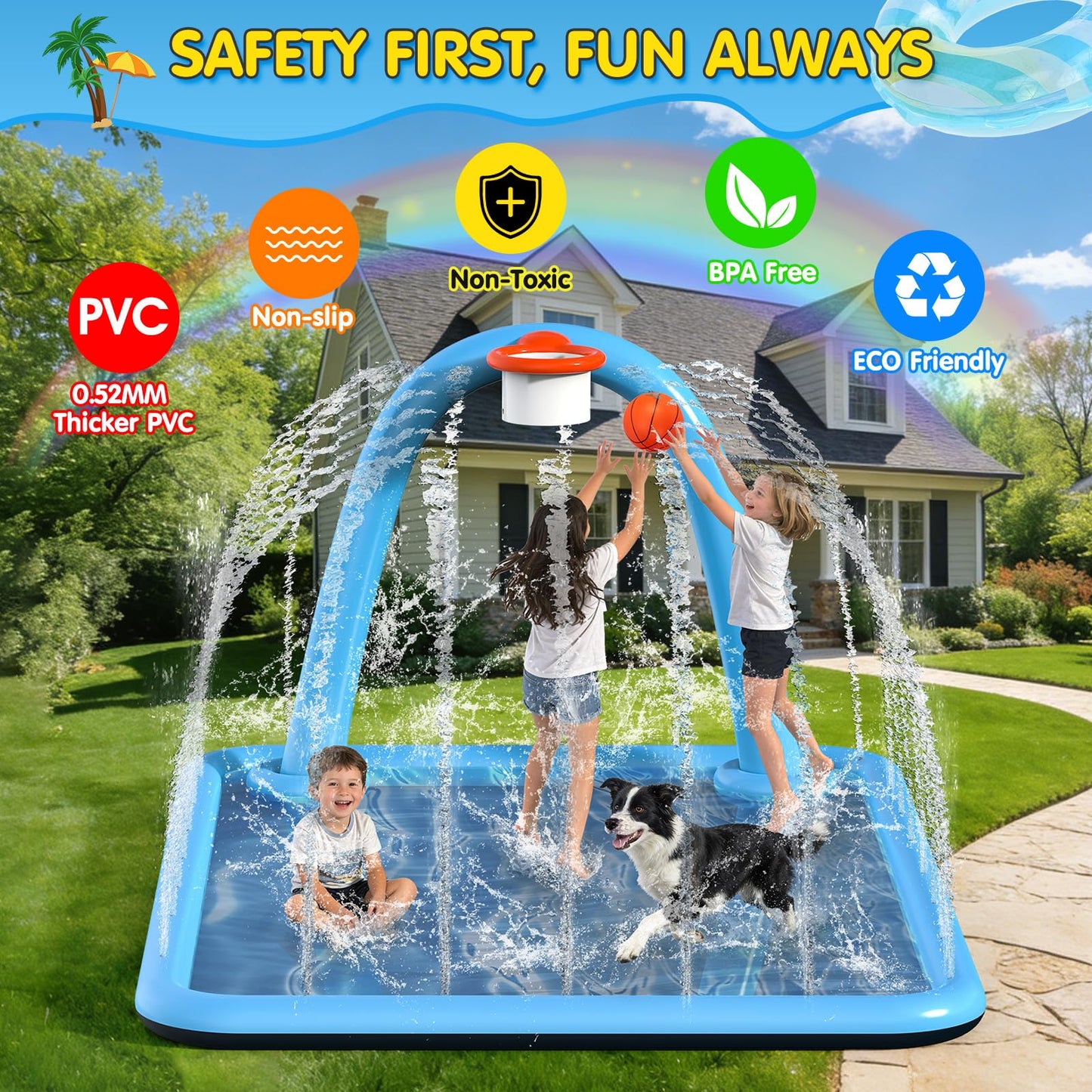 Instraella Splash Pad for Kids, 110 x 91'' Large 2-in-1 Sprinkler Mat with Basketball Hoop, Inflatable Splash Pad for Backyard Outdoor Water Play, Summer Water Toys for Boys and Girls