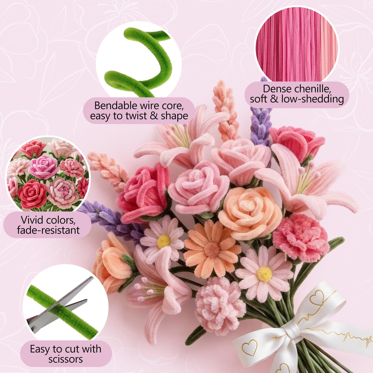 EARLY MINDS 800Pcs Pipe Cleaner Flower Bouquet Kit, 8 Colors Romantic Pink Chenille Stems Craft Set with Floral Tape, Flower Stems, Gift Wrap & More, DIY Bouquet Gift for Adults