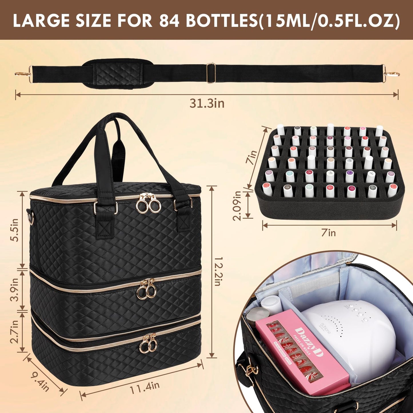 Nail Polish Organizer Bag, Three Layers Nail Polish Storage Organizer Holds 84 Bottles, Nail Kit Organizer Case For Nail Lamp, Nail Case Organizer And Travel Carrying Storage Bag for Nail Supplies