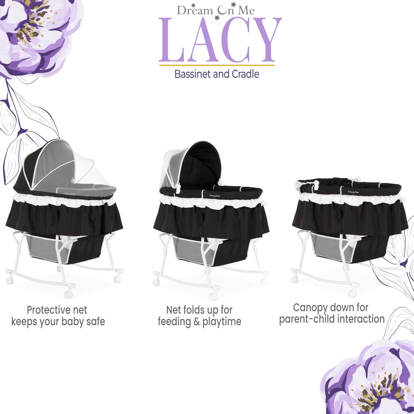 Dream On Me Lacy Portable 2-in-1 Bassinet & Cradle with Full Canopy, Storage Basket, Locking Wheels, Lightweight Frame, BSA Certified, Includes 1” Mattress Pad -Black