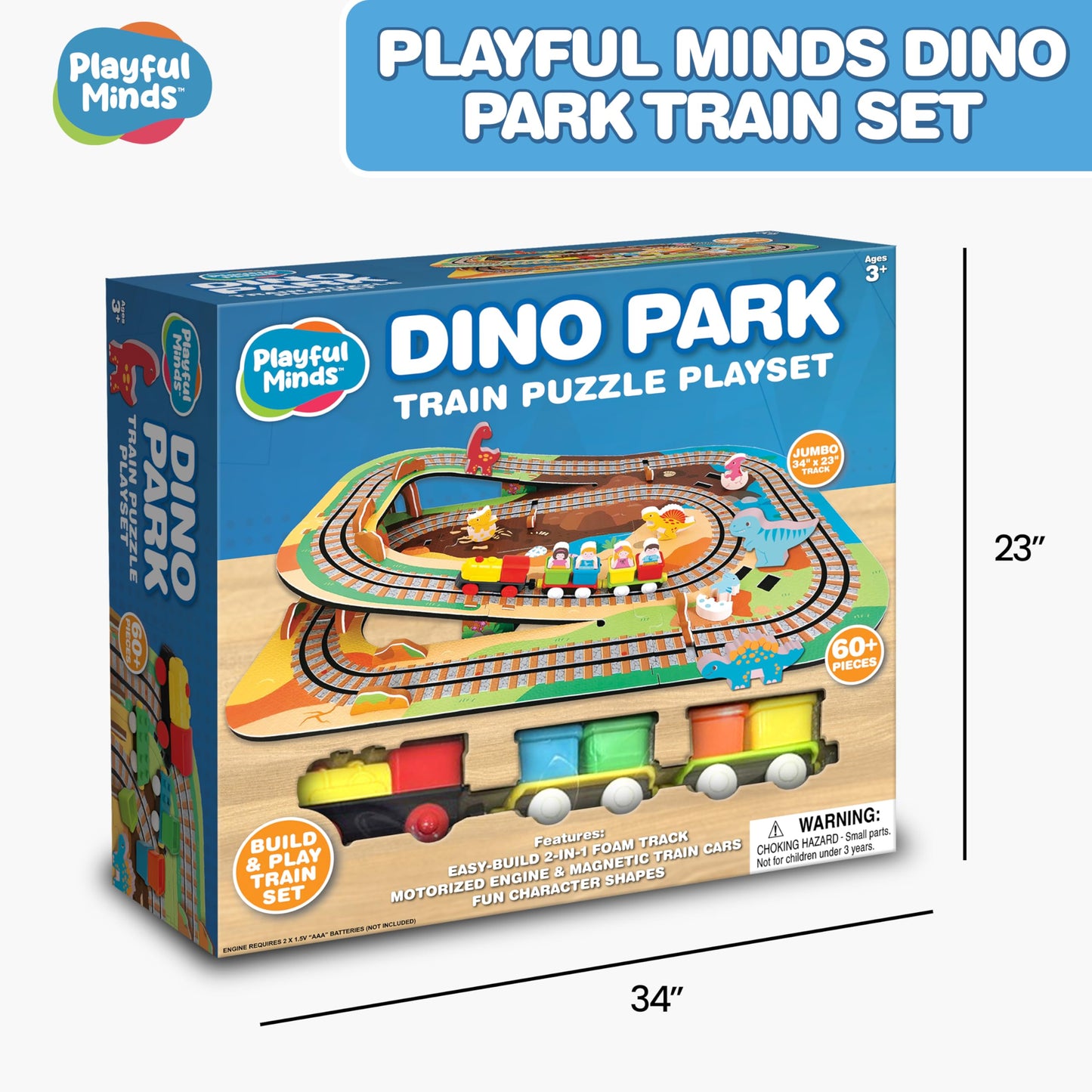 Playful Minds Dino Park Train Puzzle Playset – 60 Pc Build and Play Railway Set for Toddlers and Kids Ages 3-5 – EVA Foam Puzzle Track with Motorized Train and Cars