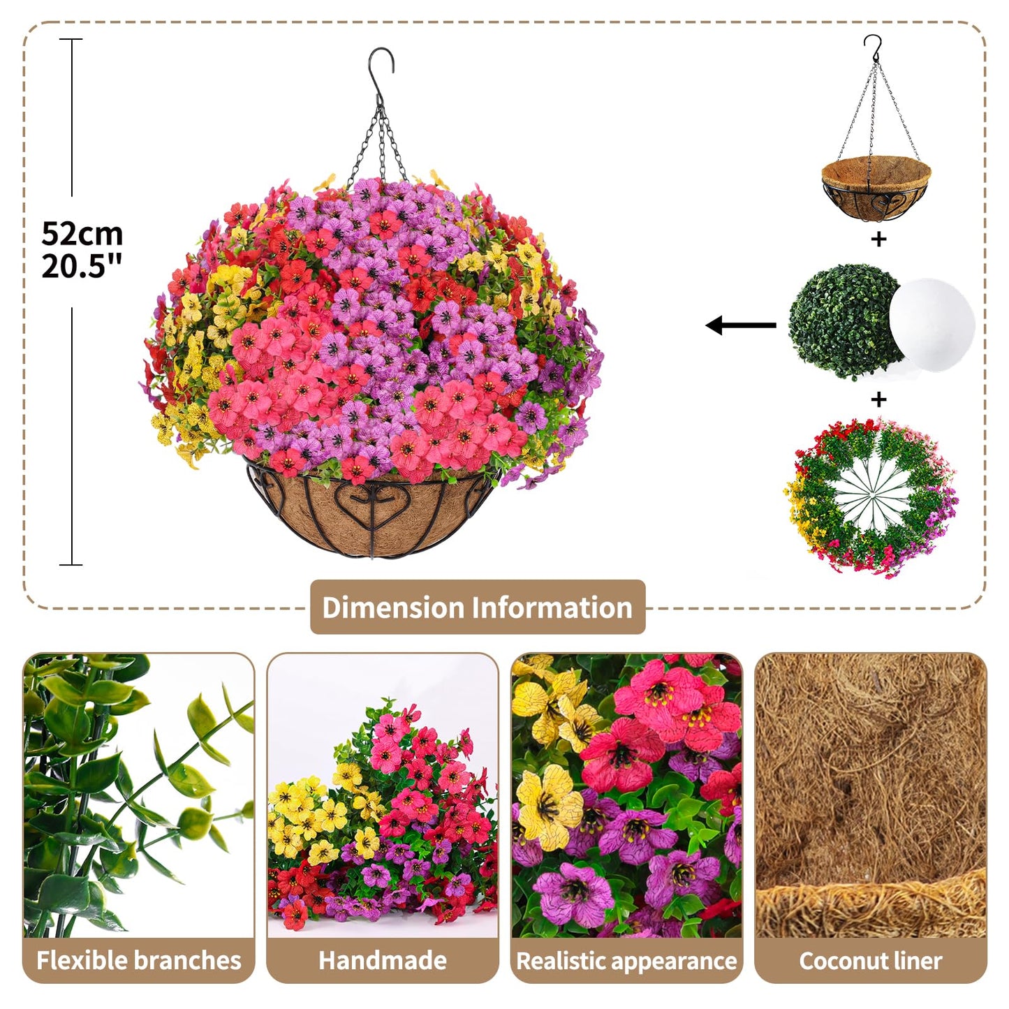 LetuoClips 2 Sets Artificial Hanging Flower for Outdoors, Fake Hanging Basket for Outside,2 Hanging Basket with 26 Pcs Faux Silk Flowers for Porch, Balcony and Patio Decor(Mixed)