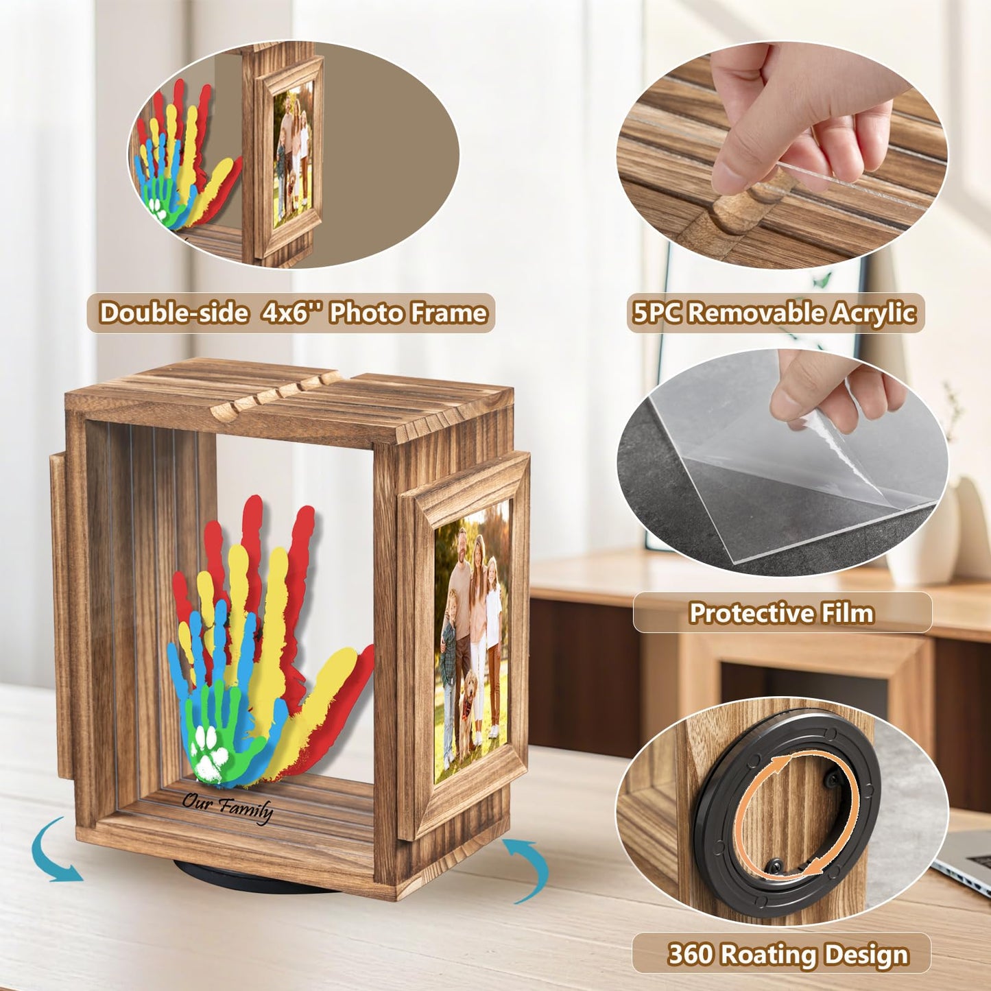Emfogo 360 Rotating Family Handprint Kit, DIY Craft Keepsake Wooden Frame, Baby Footprint Kit, 5 Paint Colors Included, Non-Toxic Paints&Transparent Sheets, Gifts for Handprint Family Keepsake（Brown）