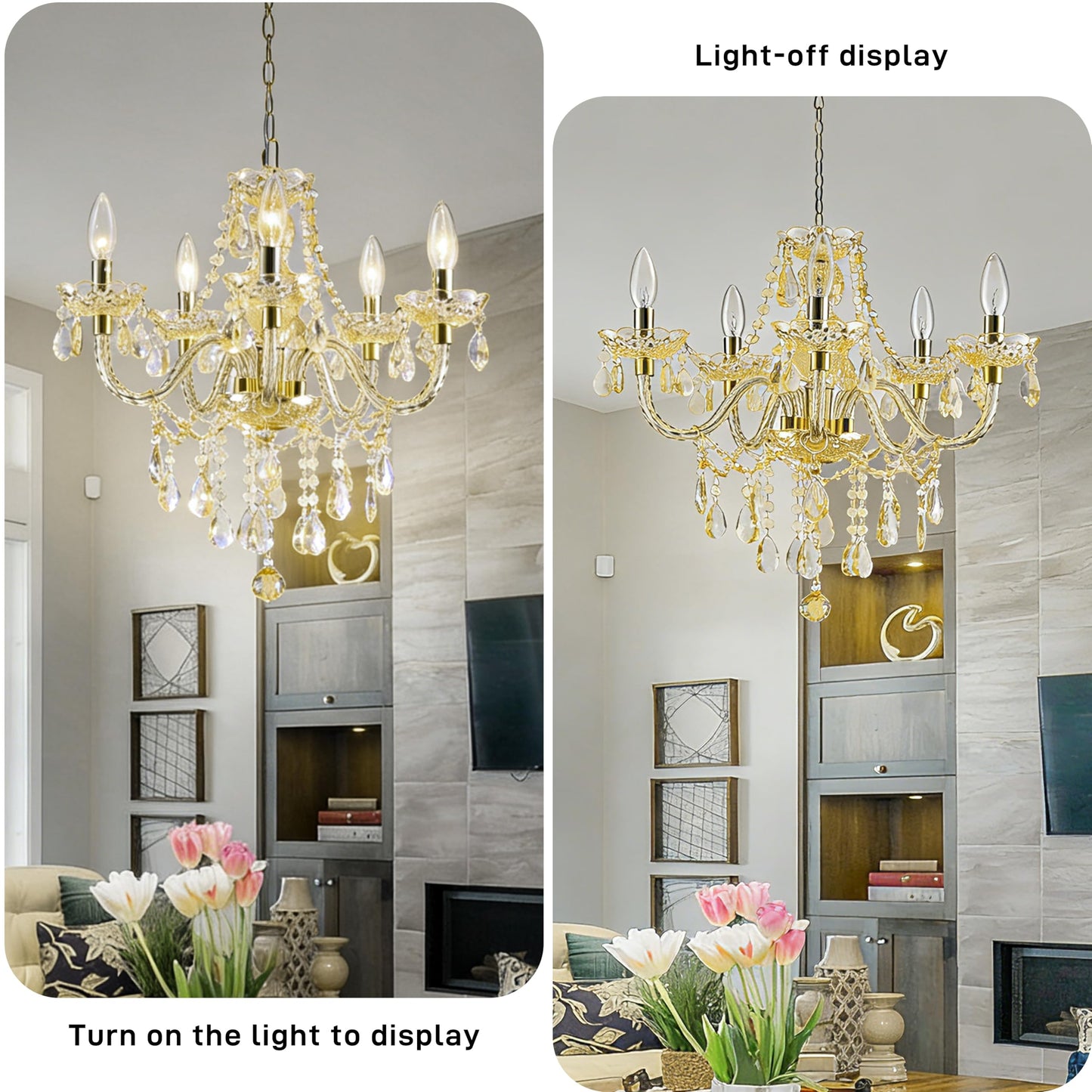 PAPAYA Plug-in 5 Light Gold Crystal Hanging Pendant Lights Acrylic Chandelier with Cord & On/Off Switch H19 D19.7 for Kitchen Island Girls' Room Dining Area Laundry Pavilion