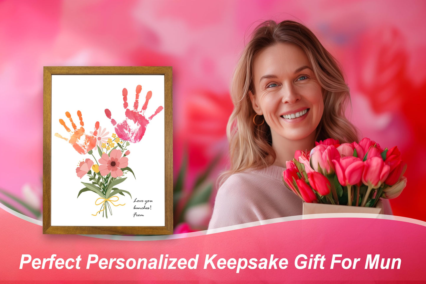 TwoDays Flower Bouquet Handprint Art Craft DIY Kit, Unique Gifts for Mom from Daughter or Son for Mother's Day Birthday Christmas, Gift for Grandma. (Floral-1, Brown)