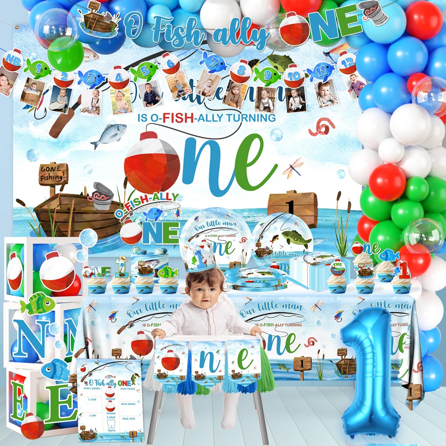 241Pcs Ofishally One Birthday Decorations,O Fishally One First Birthday Decorations for Boy, Our Little Man Is Ofishally Turning Theme Tableware Photo Banner Balloon Arch Backdrop Cake Topper