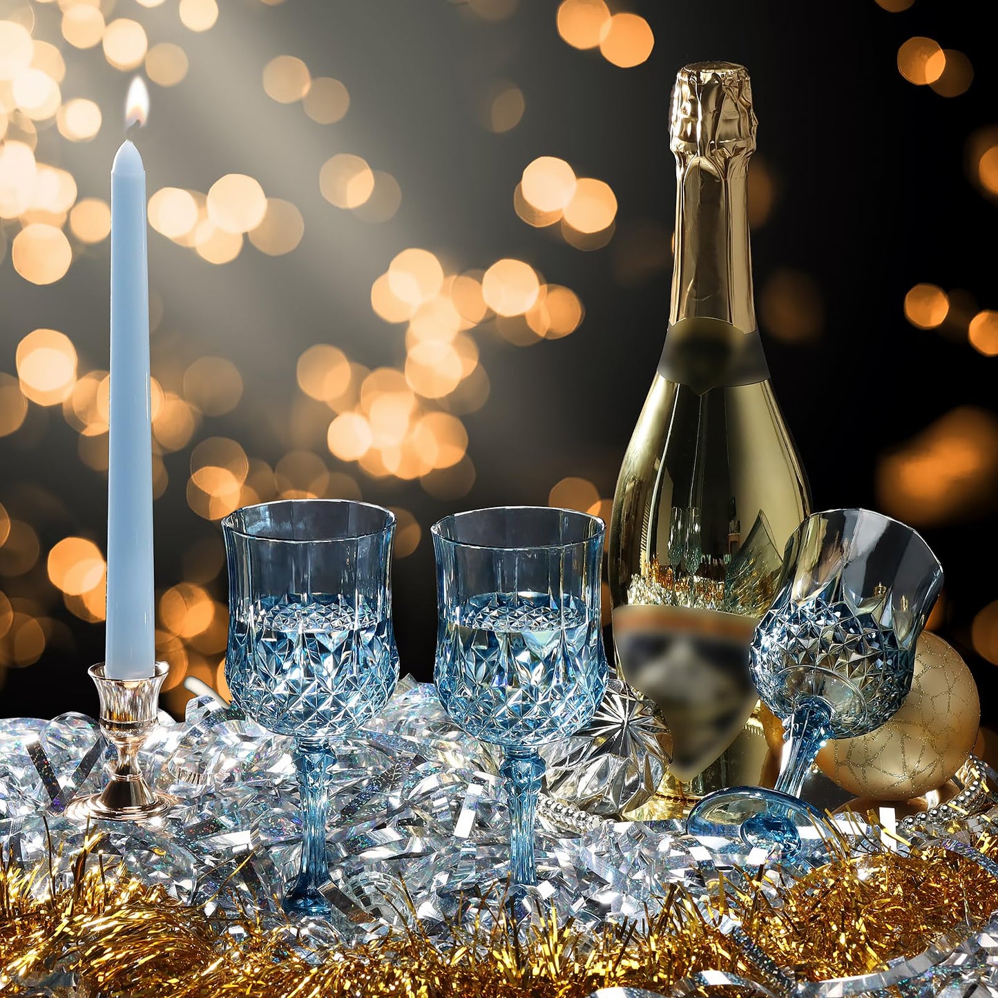 XUWAIDSGN 24 Pcs 7oz Plastic Vintage Wine Glasses Drinking Glasses Unbreakable Wedding Glassware Crystal Water Goblets Reusable Drinkware Vintage Champagne Flutes (24, Blue)
