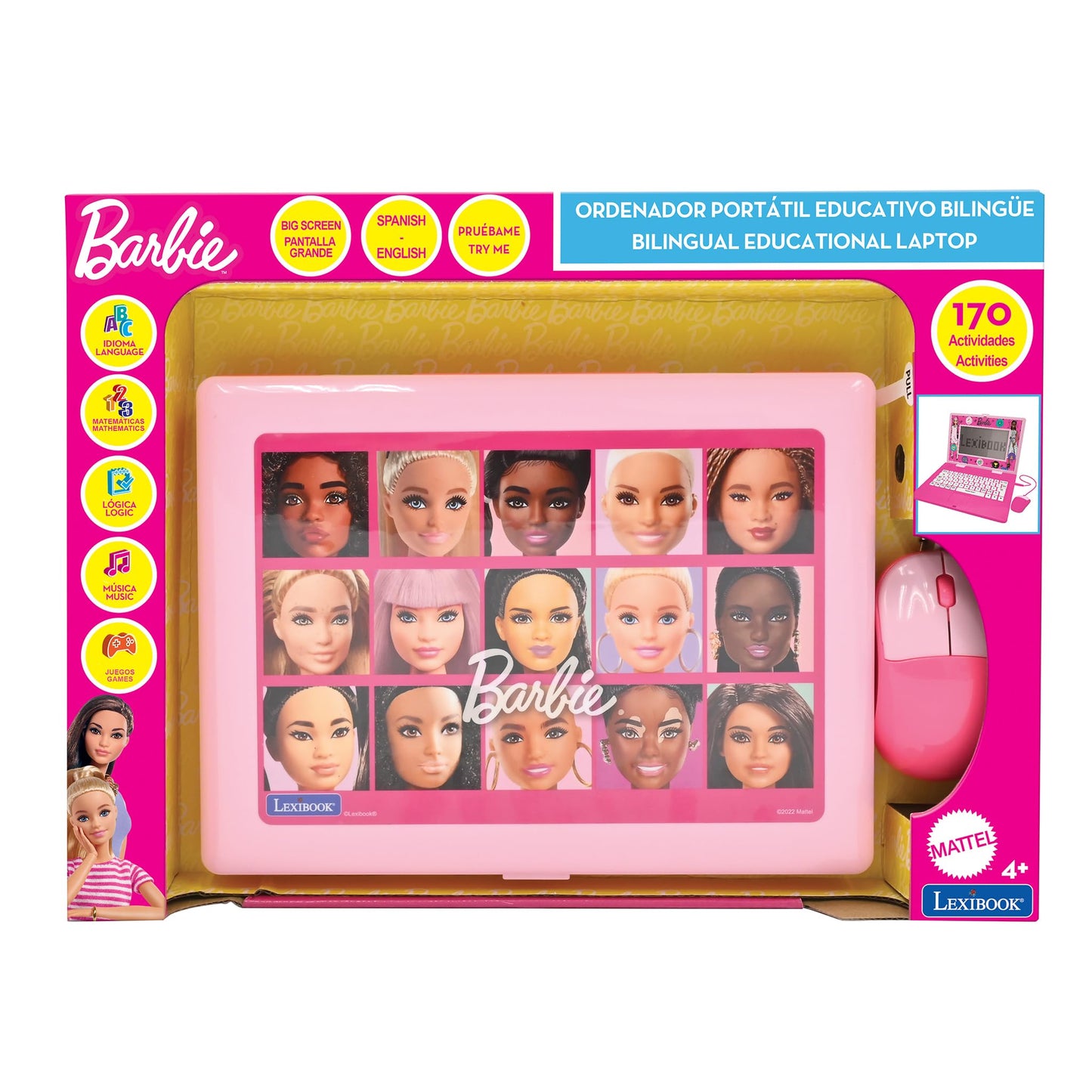 Lexibook, Barbie, Bilingual and Educational Laptop Spanish/English, Toy for Children, 170 Activities to Learn, Play Games and Music, Large Screen, Pink, JC599BBi2