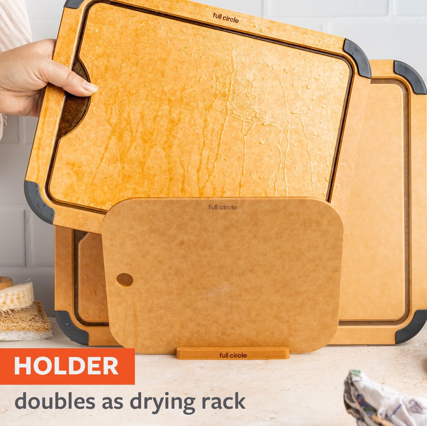 Full Circle Chop Shop Cutting Board Set with Holder – 3 Kitchen Cutting Boards with Countertop Holder & Drying Rack – Dishwasher Safe, Lightweight, Naturally Bonded Kraft Paper