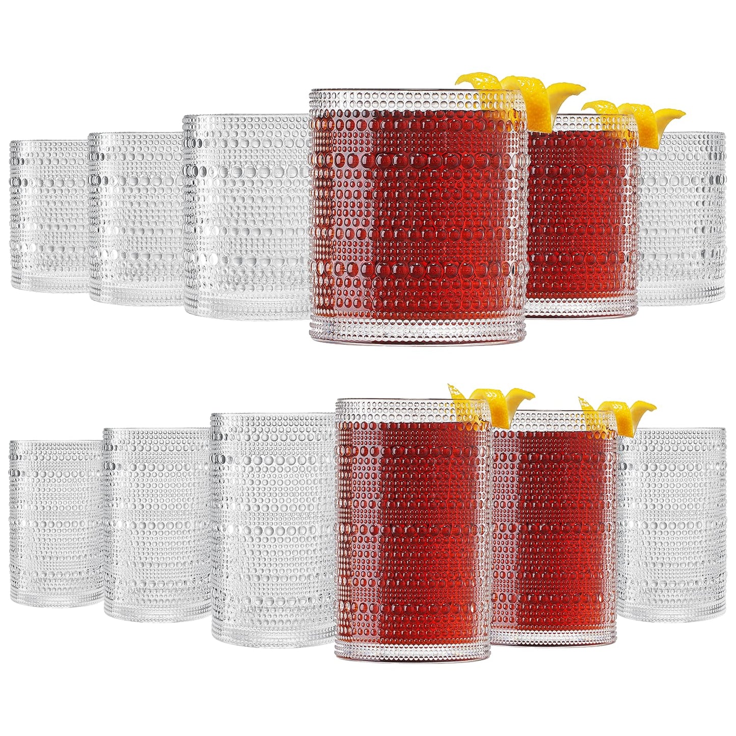 Khen Clear Reusable Plastic Drinking Glasses, Hobnail Shatterproof | 6X 10 OZ Lowball & 6X 13 OZ Highball | Tritan Tumblers, Acrylic Unbreakable, Dishwasher Safe Water Cups, BPA-free, Indoor, Outdoor