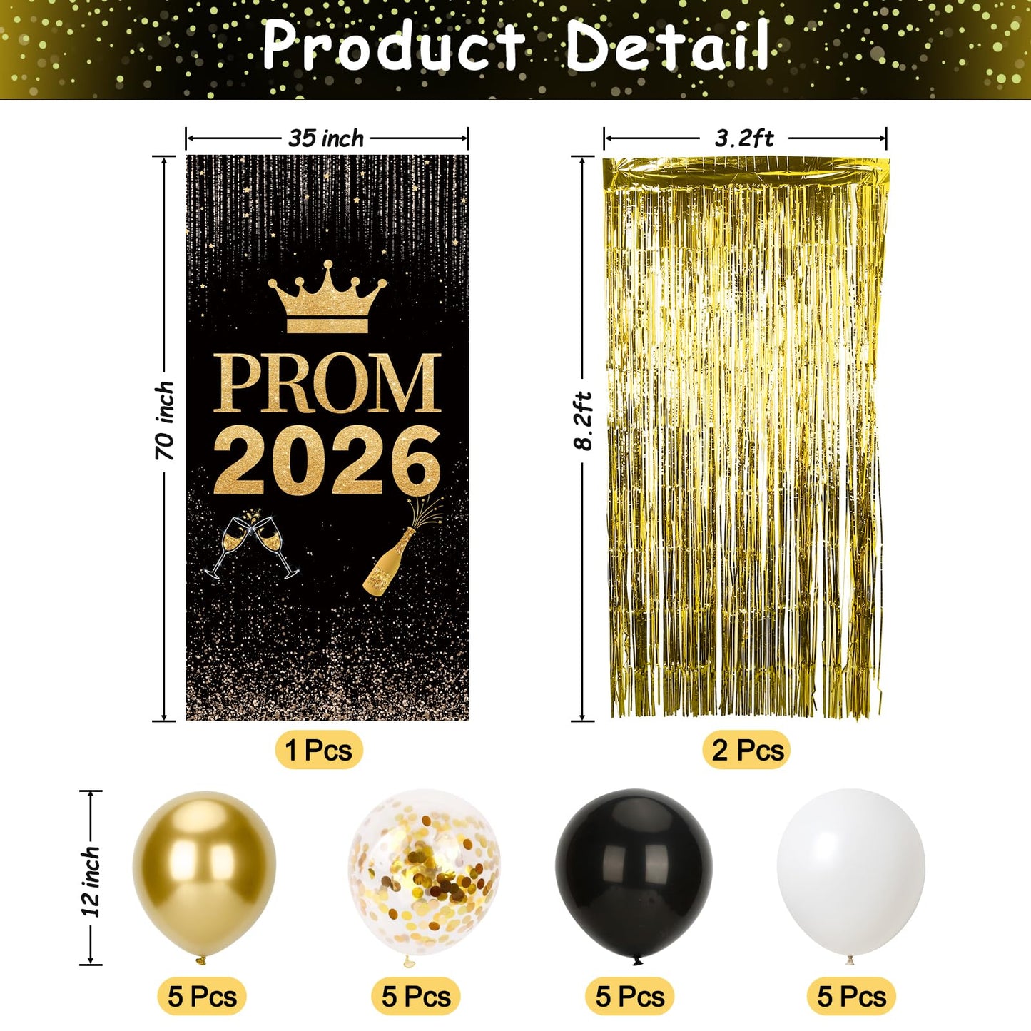 Prom 2026 Party Decorations Set Glitter Carpet Runner 15 x 2ft Runway Rug for Prom Party with Prom 2026 Door Banner, Tinsel Foil Fringe Curtains, Balloons for Graduation Prom Decoration (Gold)