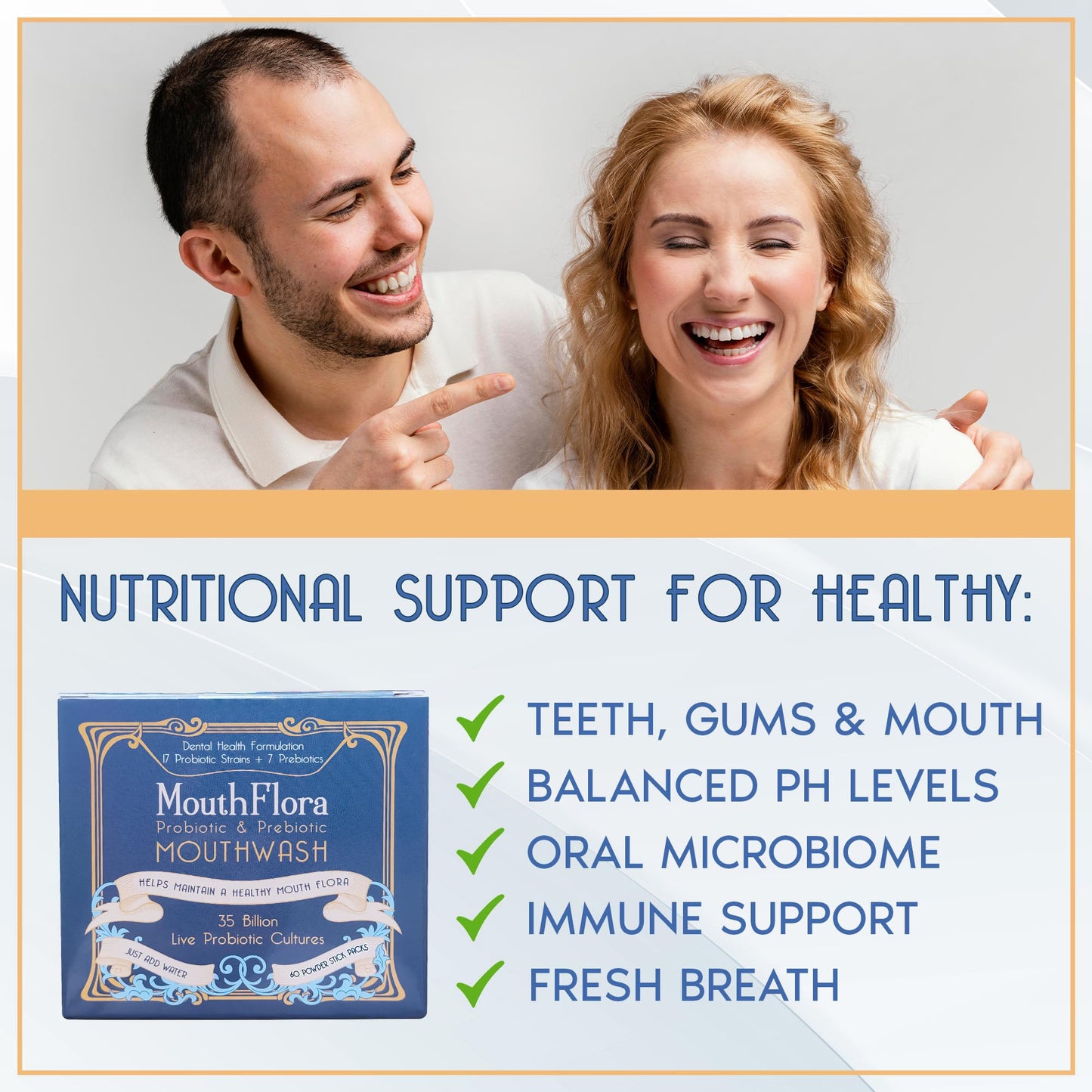 MouthFlora - Probiotic & Prebiotic Mouthwash | Dental Health Formulation | 17 Probiotic Strains + 7 Prebiotics | 35 Billion CFUs | Concentrated Powder Formulation | 60 Pack