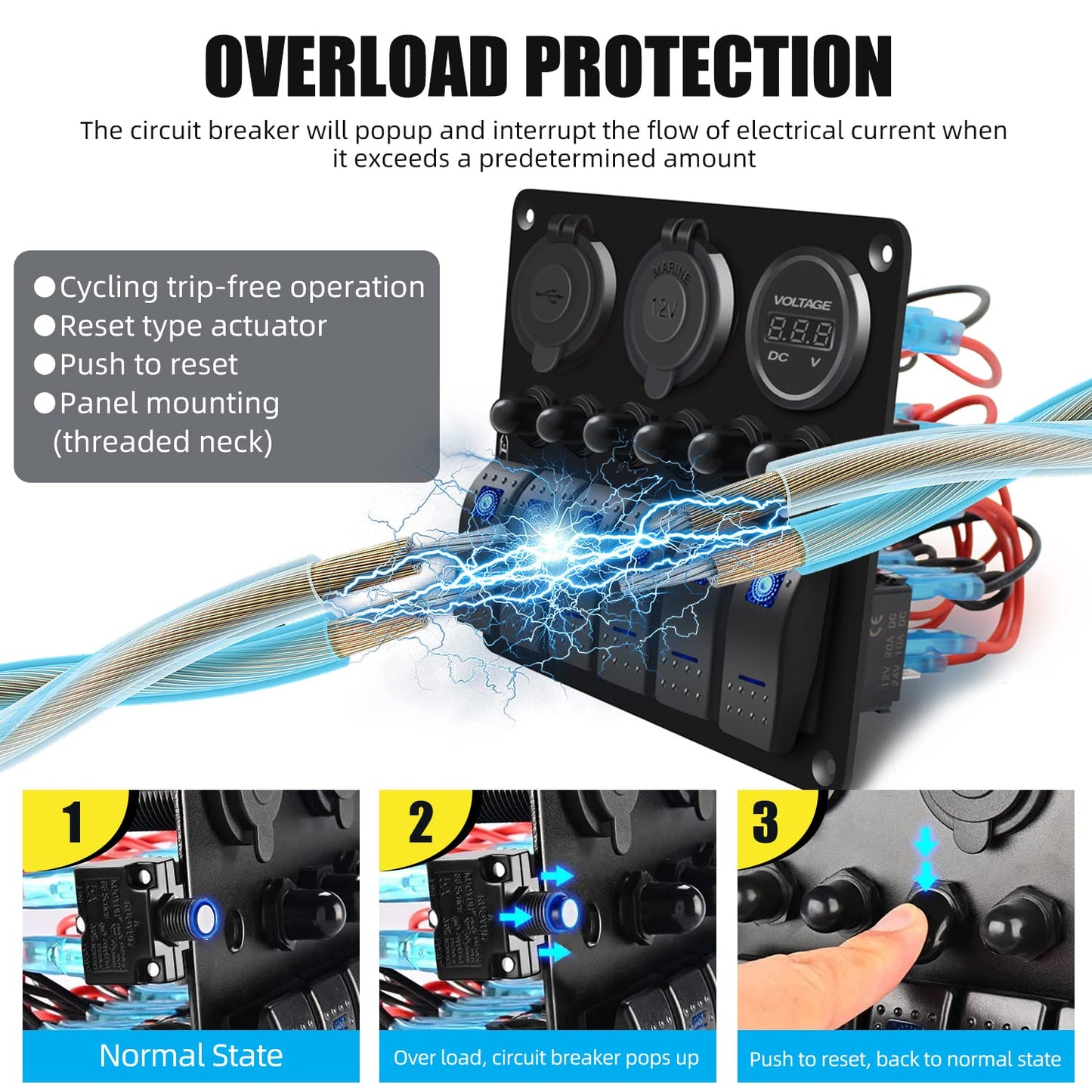 FXC Waterproof Marine Boat Blue Rocker Switch Panel 6 Gang with USB & Type-C Charger Slot Socket + Cigarette Lighter +LED Voltmeter with Overload Protection Circuit Breaker for Car Rv Vehicles Truck