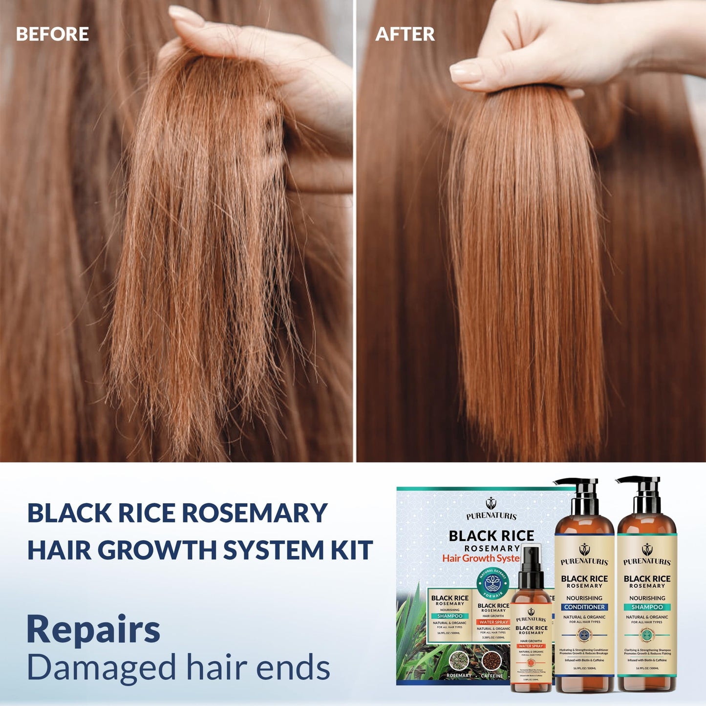Organic Rosemary Black Rice Water Shampoo Conditioner Set for Hair Growth, Rice Water Spray, w/Rosemary Water, Biotin, Caffeine, Routine Shampoo for Women Men Hair Loss Thickening, Longer