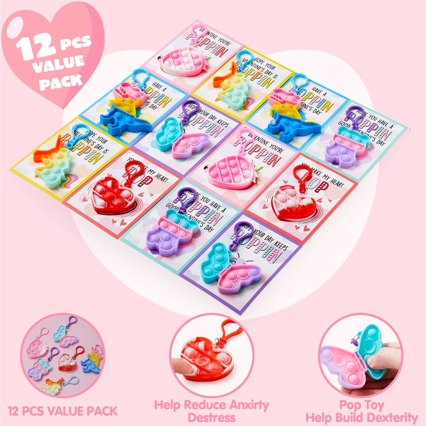 JOYIN 12 Packs Valentine's Day Cards with pop Keychain Toys, Stress Anxiety Relief Toys with Cards for Kids Valentine's Classroom Exchange Prizes, Valentine's Day Party Favors