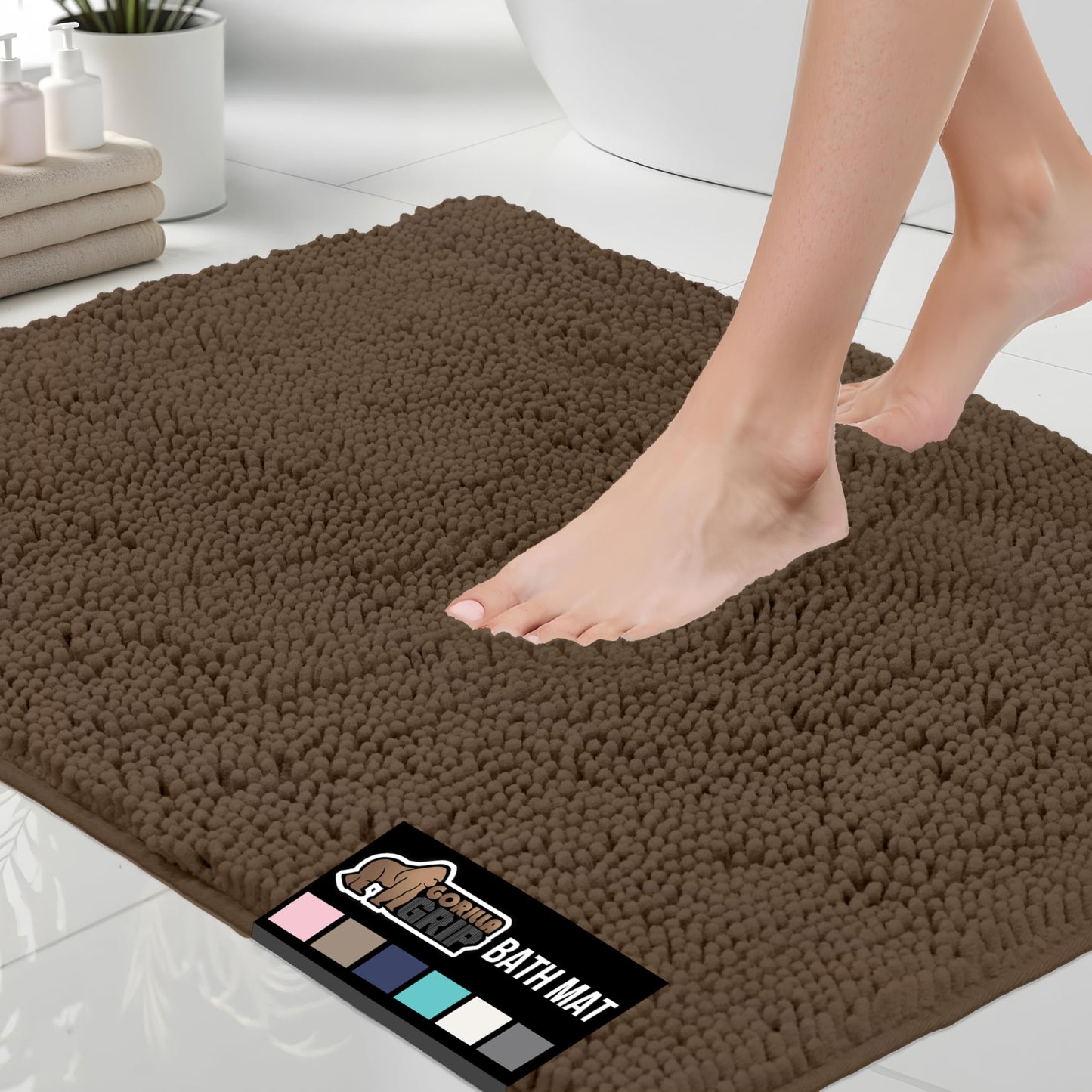 GORILLA GRIP Bath Rug Mat 60x24, Thick Soft Absorbent Chenille, Quick Dry Microfiber Mats, Rubber Backing Washable Shower Floor Rugs, Bathmat Runner, US Designed Bathroom Home Decor Accessories Brown
