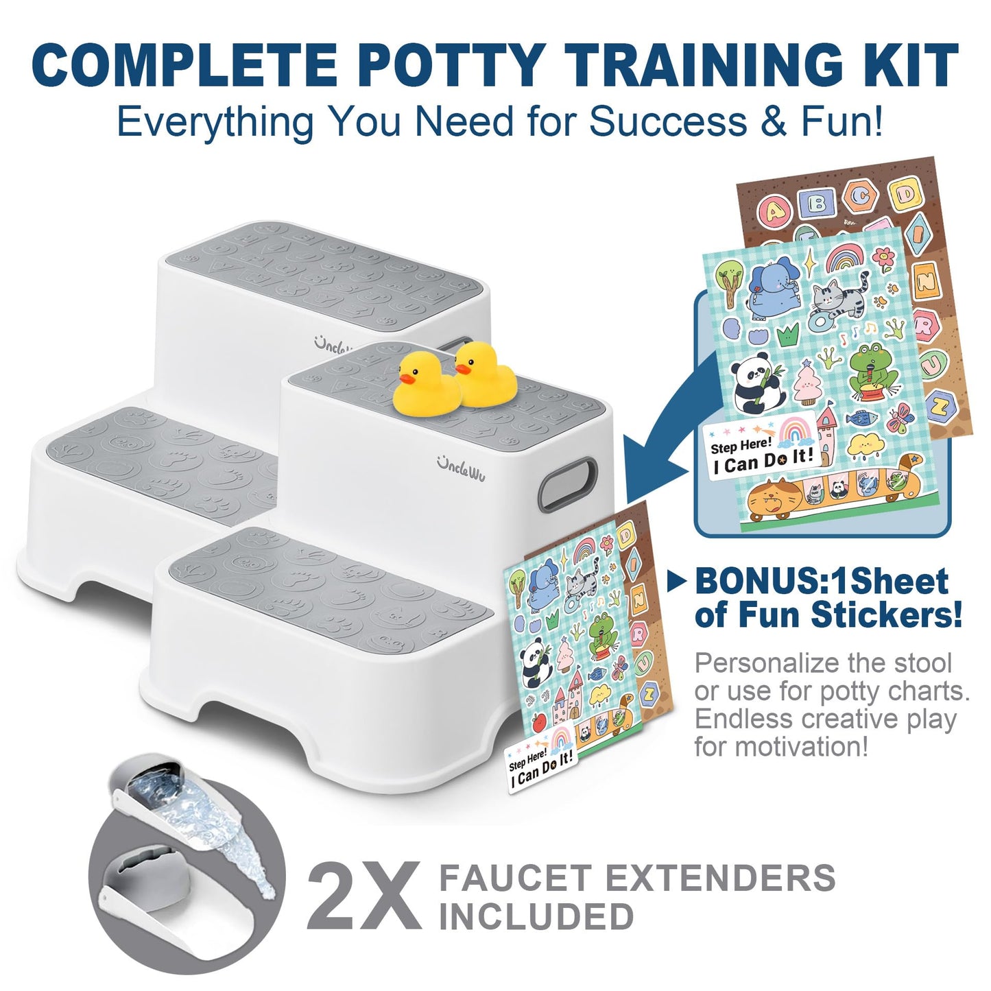 2-Pack Step Stool for Kids – Non-Slip Toddler Step Stool for Bathroom Sink & Potty Training – Heavy Duty 200 lbs, Includes Faucet Extender & Duck Bath Toys (Gray White)