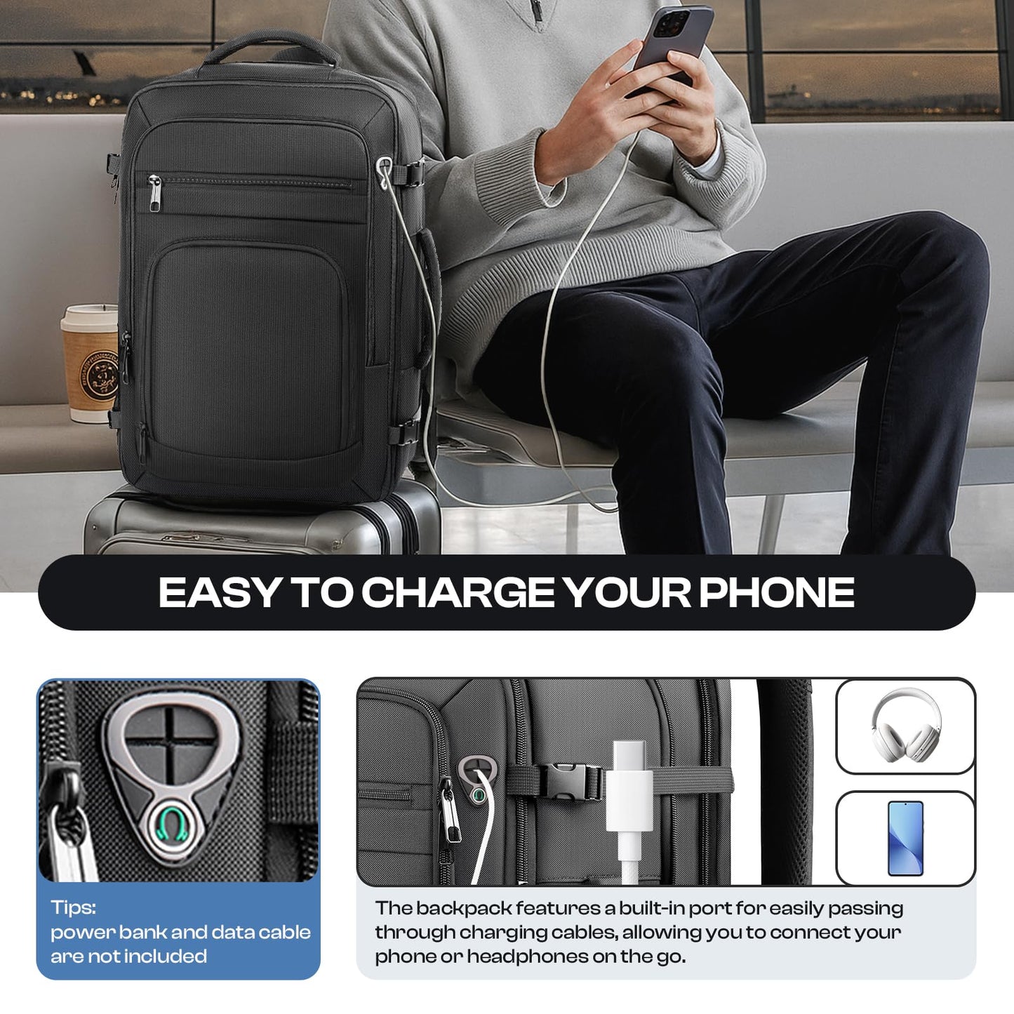 Roomy Travel Backpack, Expandable 40L-50L Carry On Backpack For 17.3" Laptop,TSA Flight Approved Business Travel Backpack w/ Multiple Organizer Pockets for Work,Overnight Trip,College &Daily Commuting