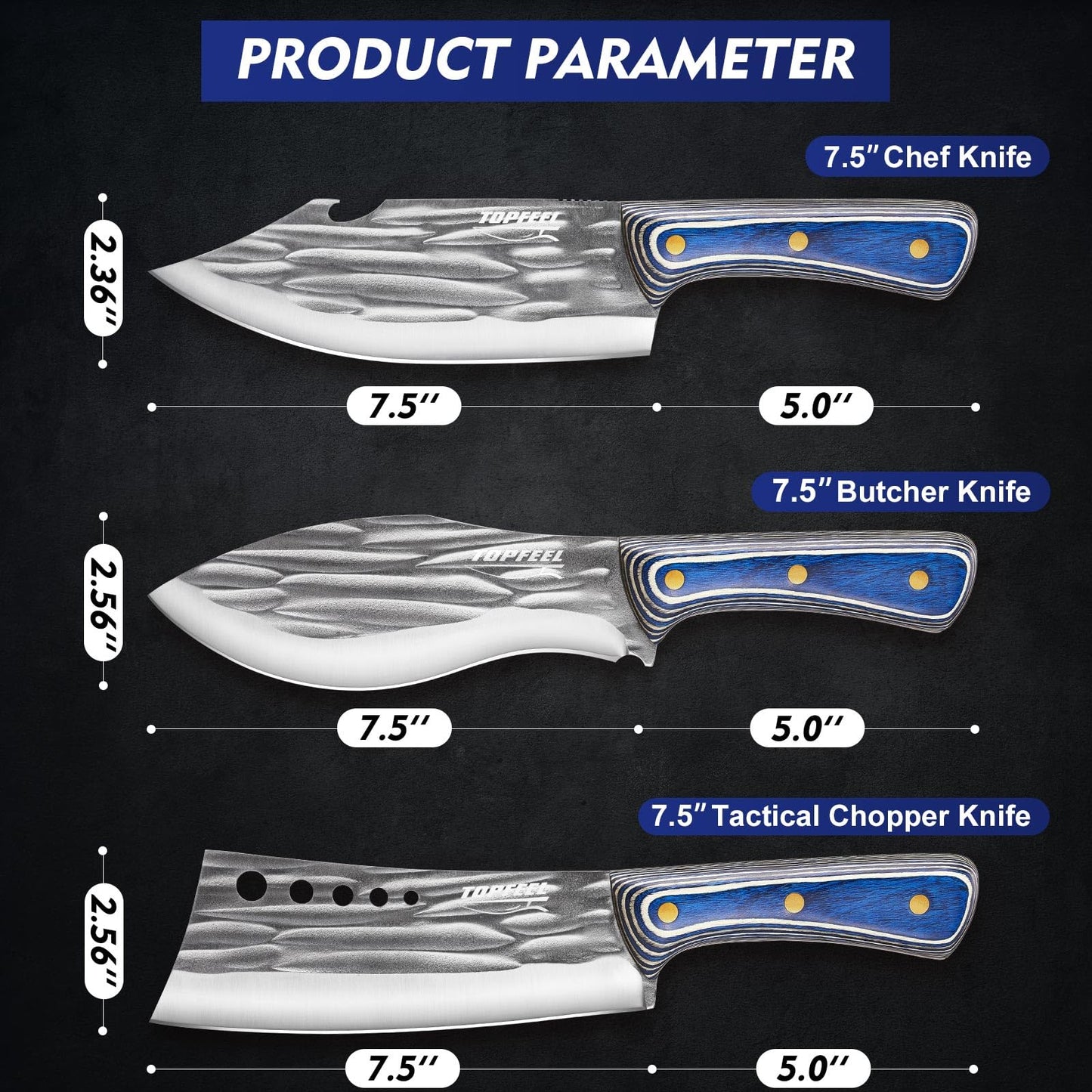 3PCS Butcher Knife Set for Meat Cutting， Hand Forged Professional Chef Knife Set Meat Cleaver Boning Knife for Home, Outdoor Cooking, Camping BBQ Gift Idea Men