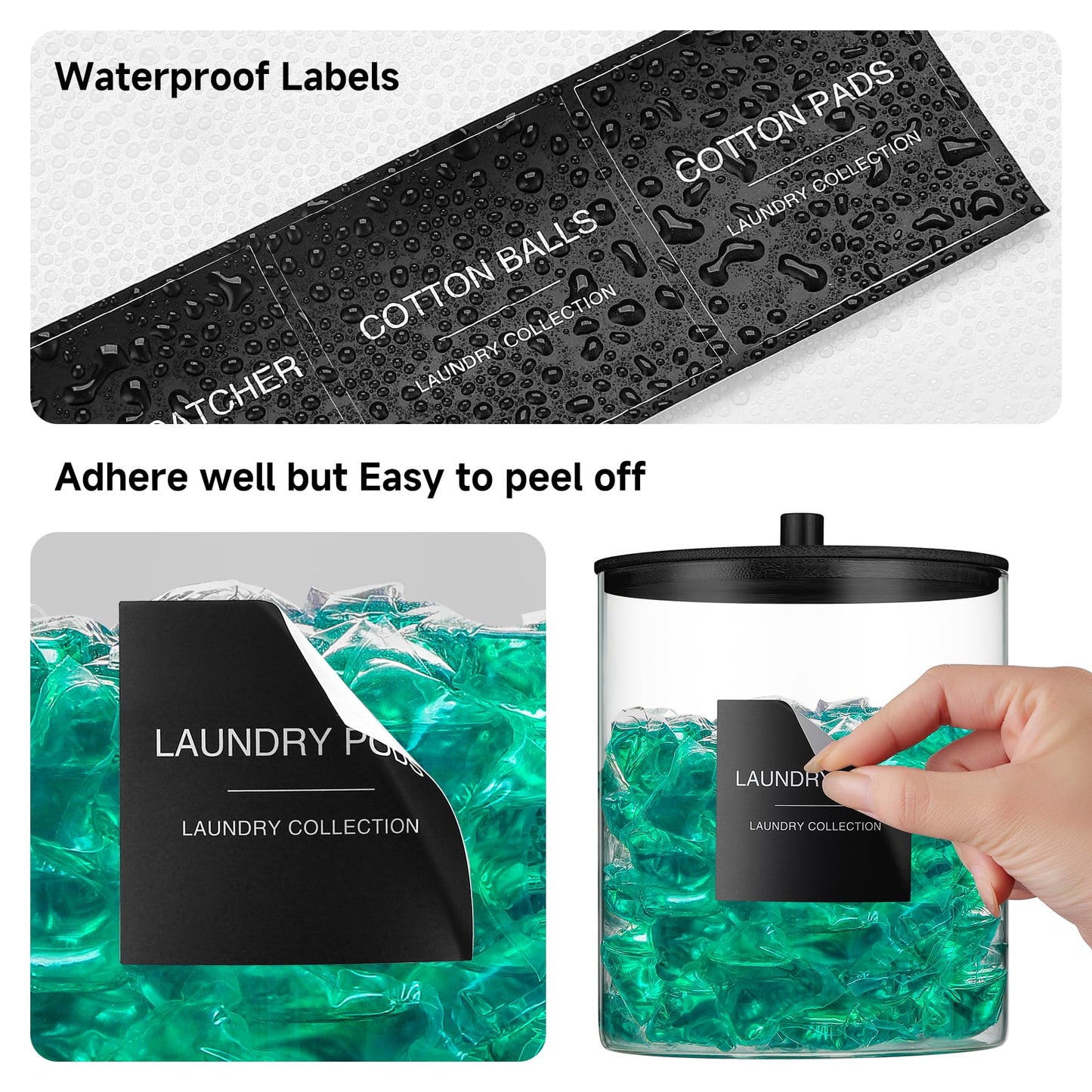 3 Pack Glass Jars and Acrylic Dryer Sheet Holder, Laundry Pods Container with Bamboo Lid and Measuring Cups for Laundry Room Organization, Powder Detergent Containers (Black)