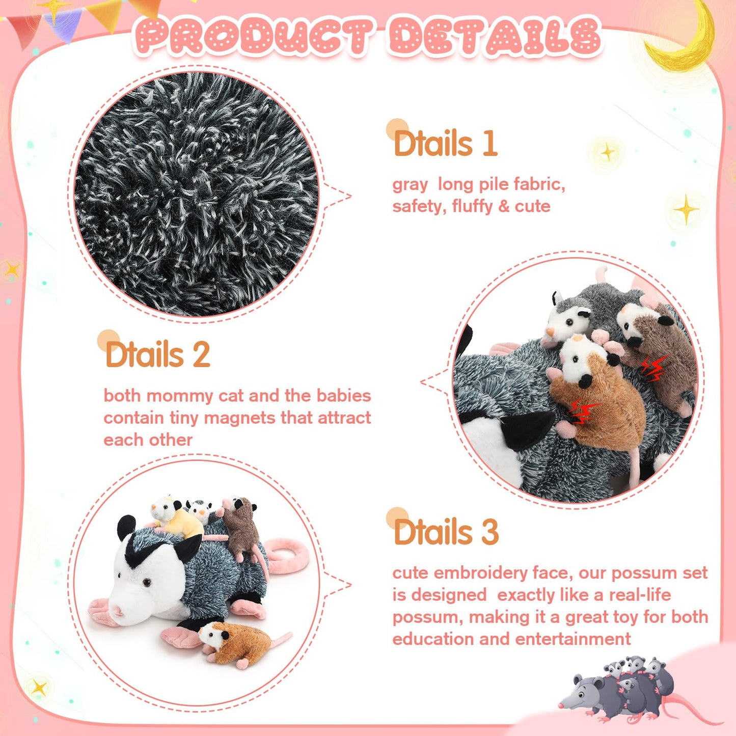 Hollowfly 5 Pcs Stuffed Opossum Mommy Possum Plush with 4 Baby Opossums Stuffed Toy on Her Back, Magnetic Attraction Cotton Plush Animal Toy Gift for Boys Girls Possum Lover(Classic)