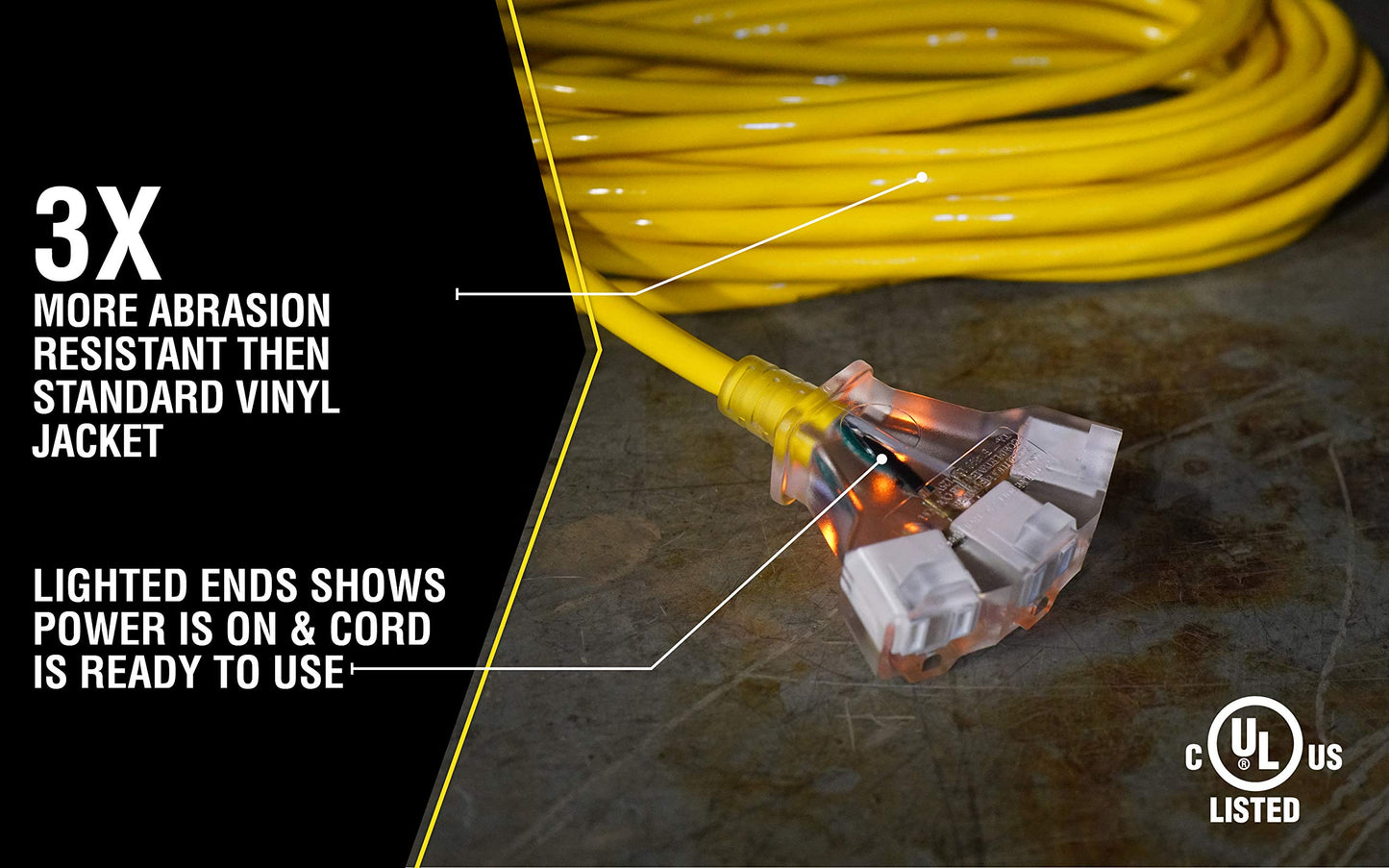 Southwire Outdoor Extension Cord - Power Light Indicator Cable for Heavy Duty Tools - SJTW - 12 Gauge - Water Resistant - High Visibility - Yellow - 50 Foot