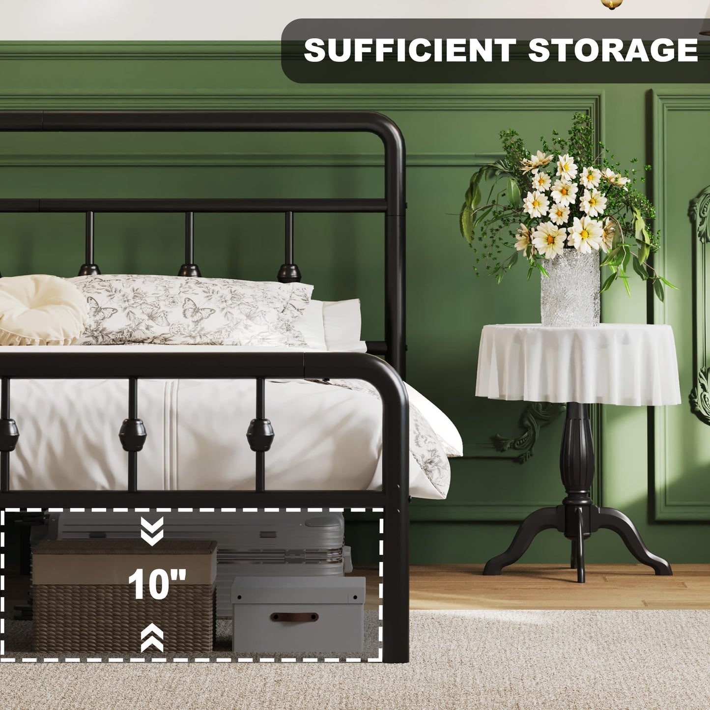 Lutown-Teen 12 Inch Twin Bed Frames with Victorian Vintage Headboard and Footboard, No Box Spring Needed, Heavy Duty Metal Mattress Foundation, Noise Free, Easy Assembly, Black