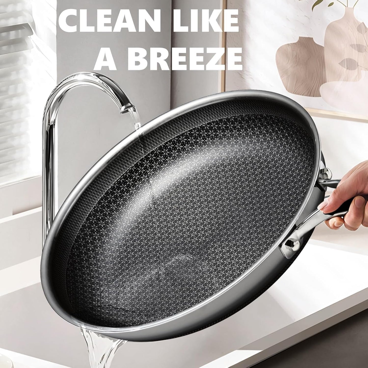 OATOFP Non Stick Frying Pans 12 inch, Hybrid Frying Pans Nonstick with Lid,non stick Stainless Steel Skillets, Dishwasher and Oven-Safe Chef Pan, PFOA Free Cookware