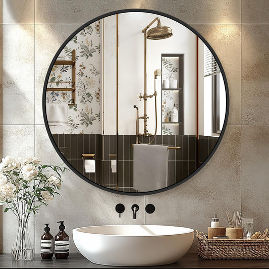 Black Round Mirror 22 Inch, Circle Wall Mirrors with Metal Frame, Wall Mounted Circular Mirror for Bathroom, Vanity, Entryway, Living Room, Hallway, Wall Decor